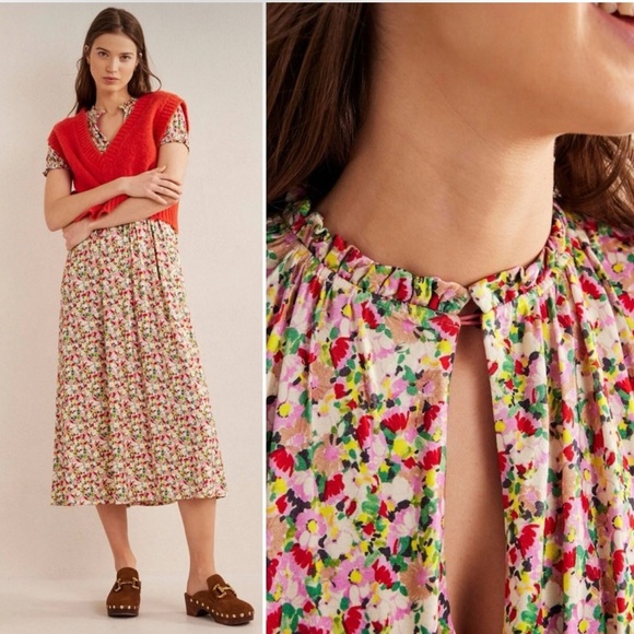 Boden Ruched strech Jersey Pink Floral Maxi Dress women short sleeve plus 14R - Picture 2 of 13